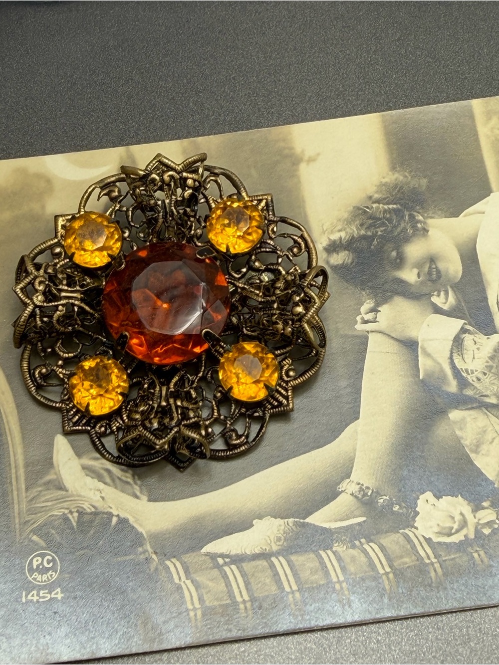Vintage Amber and Citrine Filigree Brooch #cz144